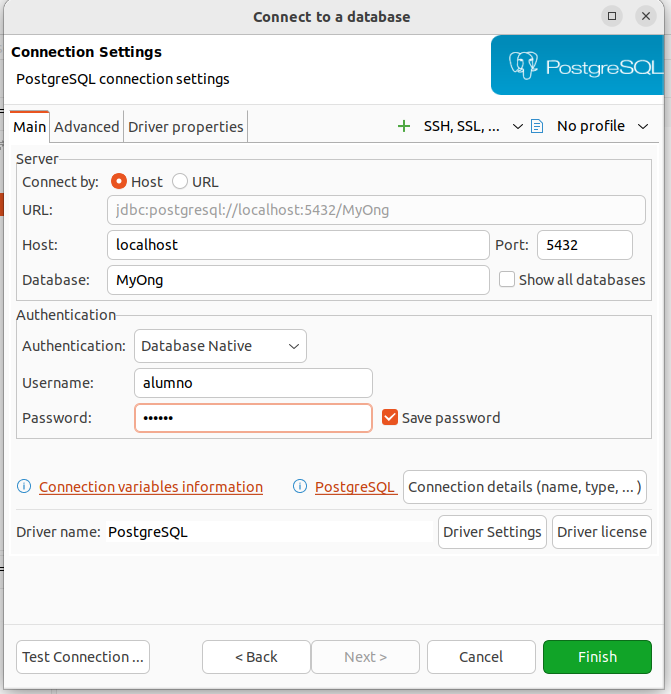 indicamos que es postgres